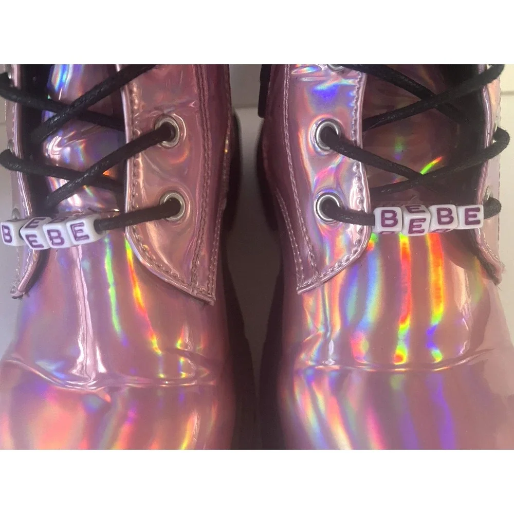 Bebe Girl's Pink Metallic Combat Ankle Boots Lace UP‎ Size 4 Girly Glam [776]